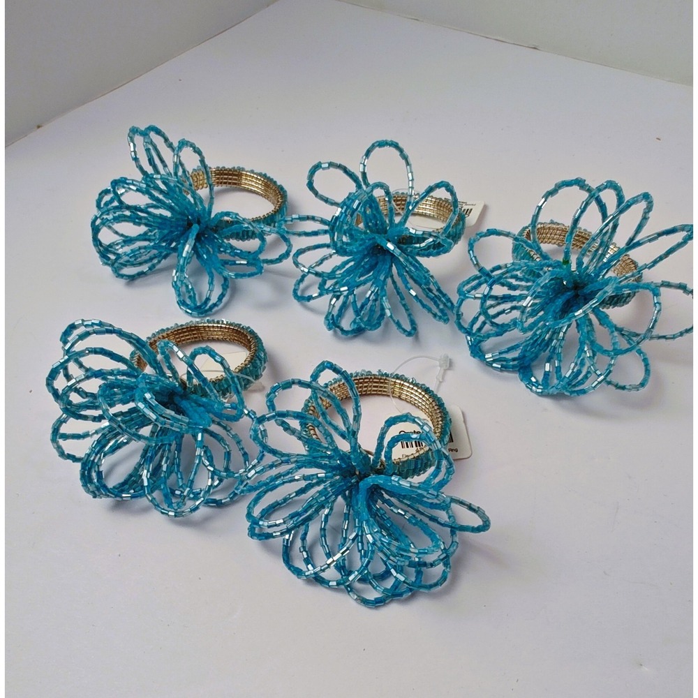 Crate & Barrel NWT Napkin Rings Blue Glass Beaded Flower Gold Tone Set of 5